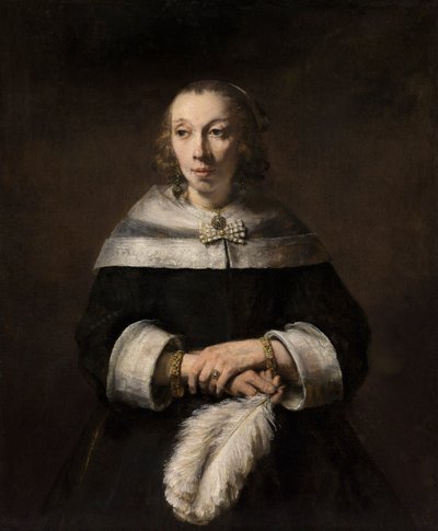 Portret van een Dame met een Struisvogelveren Waaier door Rembrandt van Rijn